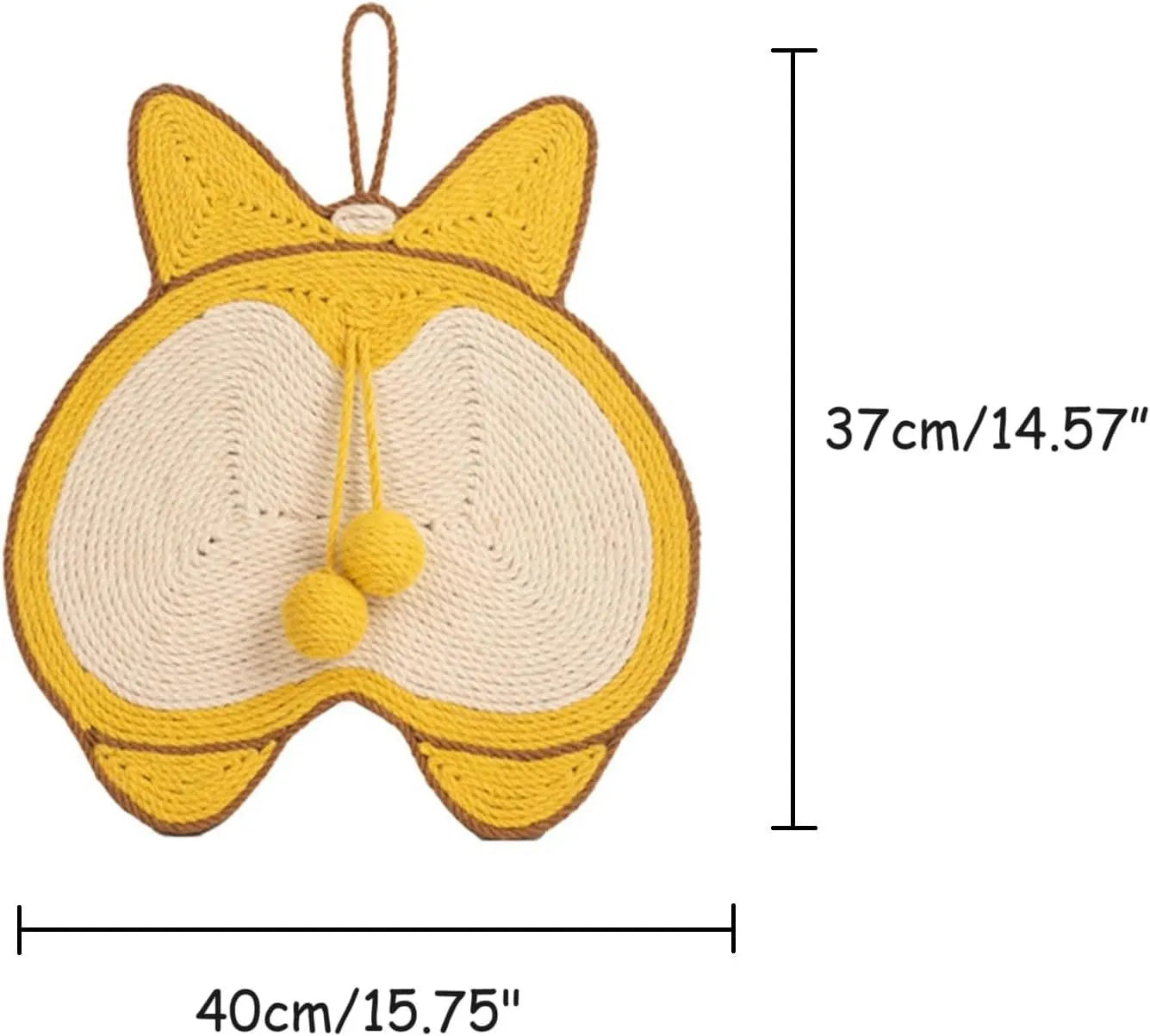 Yellow Corgi butt design sisal cat scratching board with anti-slip base and adhesive hooks