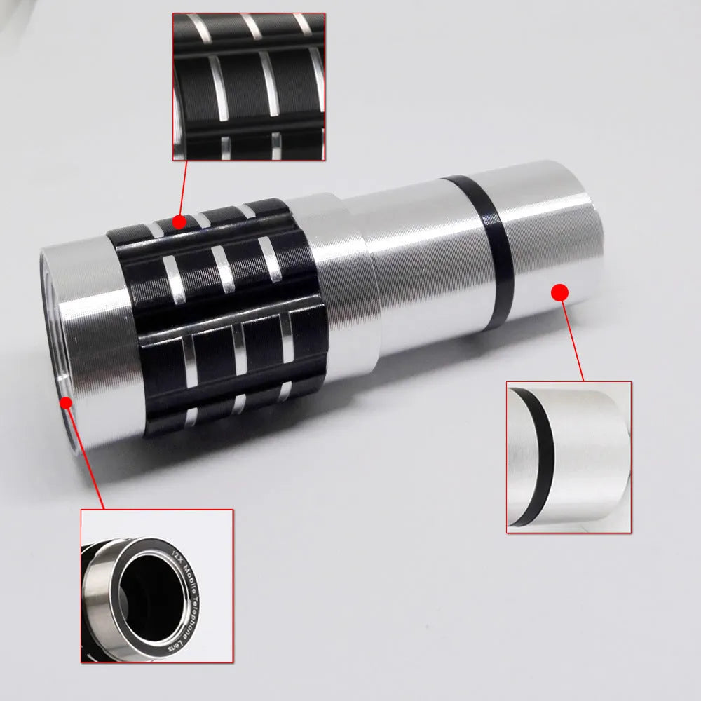 12x telescopic zoom lens with universal clip attached to a mobile phone for long-distance photography.