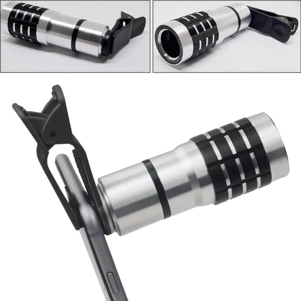 12x telescopic zoom lens with universal clip attached to a mobile phone for long-distance photography.
