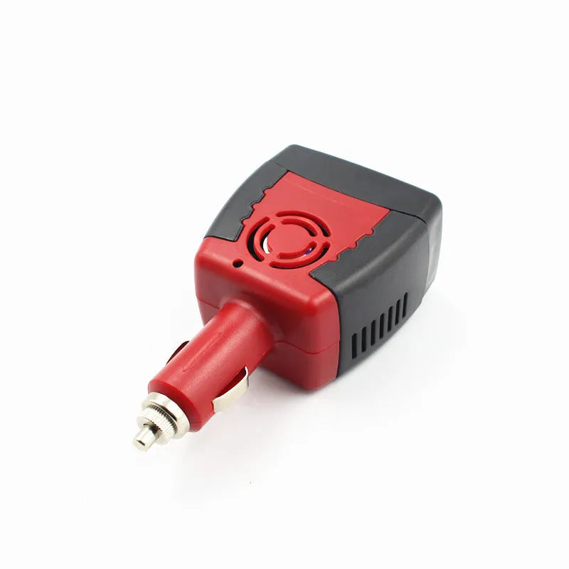 Black and red 150W car power inverter converting 12V DC to 110V/220V AC with USB port