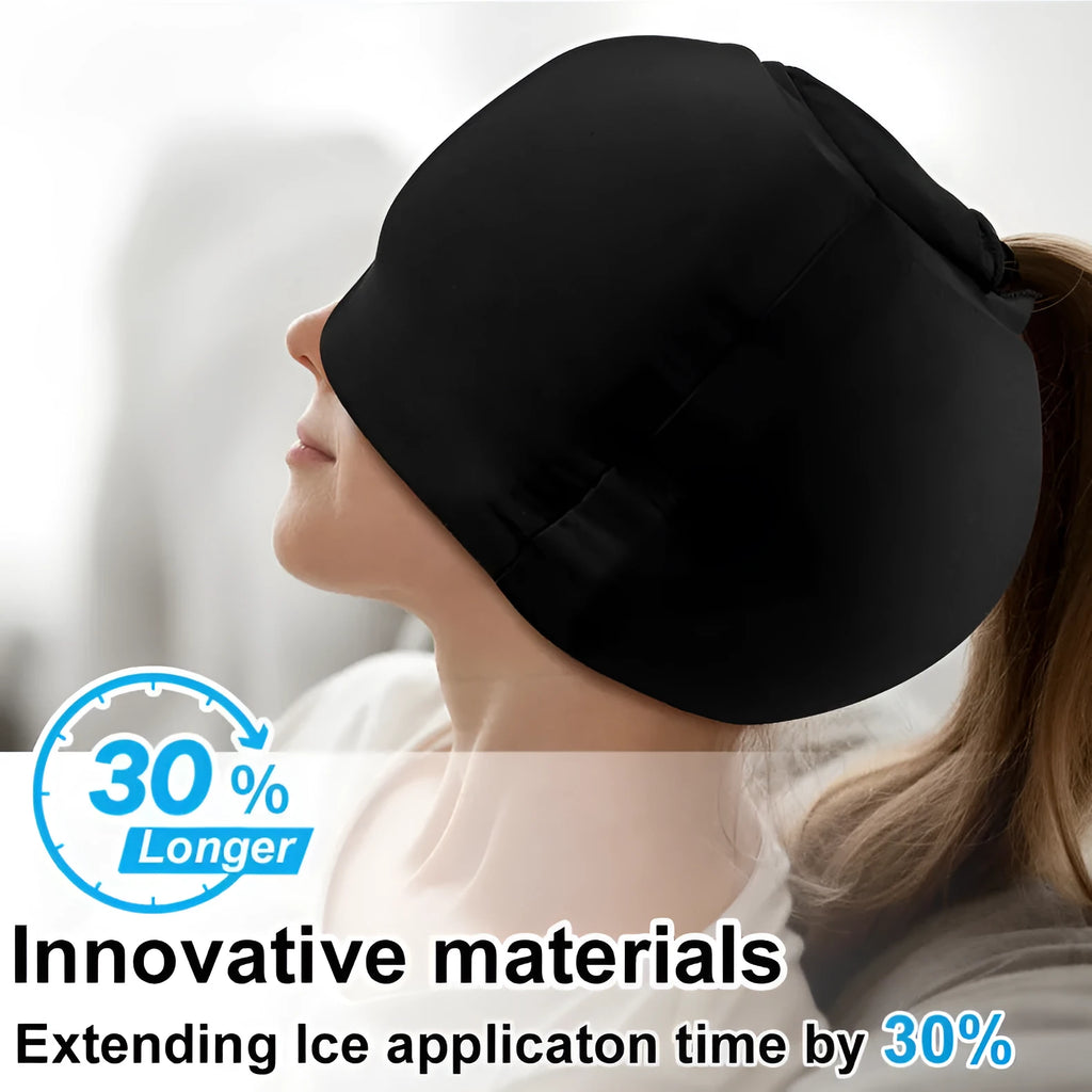 Fully enclosed cold compress cap in solid colour options of black, dark blue, or pink