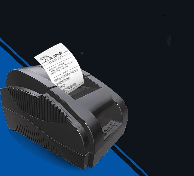 Bluetooth thermal receipt printer for takeaway orders, 58mm paper roll loaded, USB cable attached