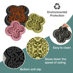 Silicone pet licking mat slow feeder in assorted colours on a floor