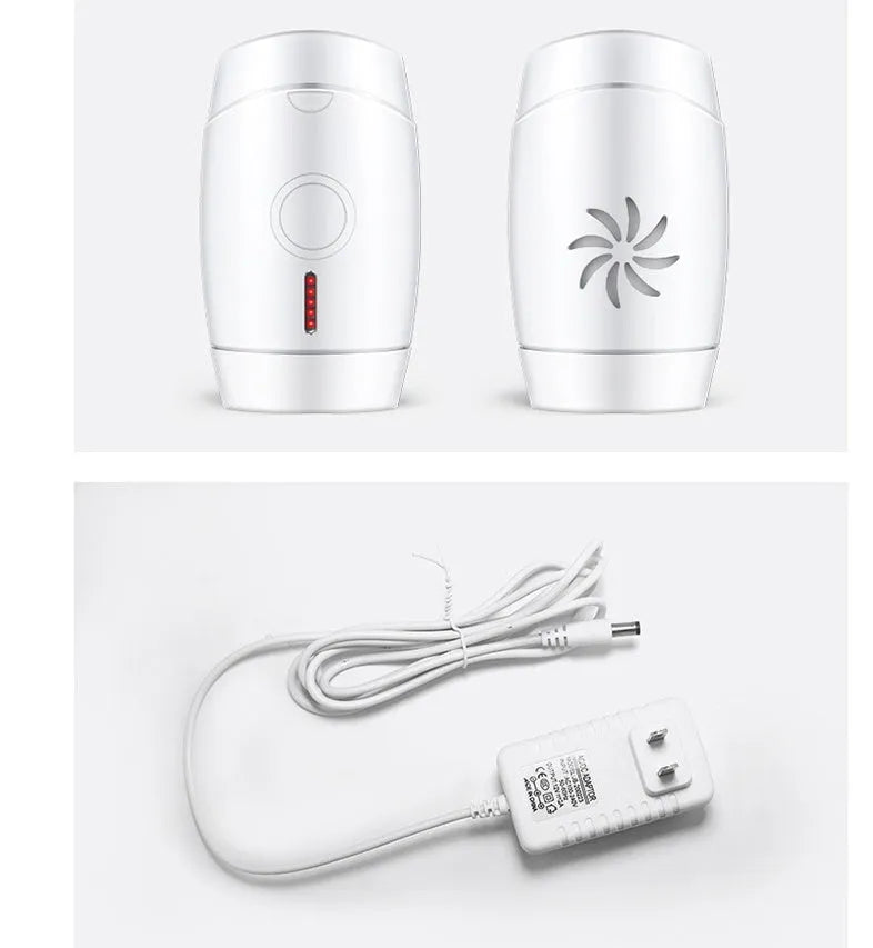 White home laser hair removal instrument unit showing compact handheld design and control panel.