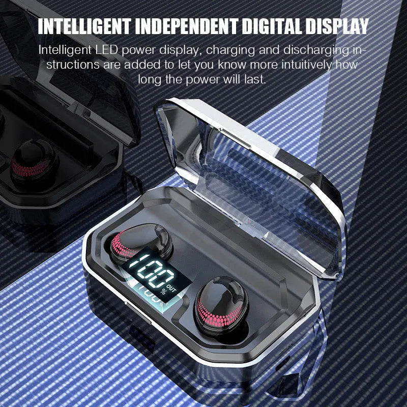 Black X10 Bluetooth wireless headset with charging case showing 8-hour call time and 3000mAh battery