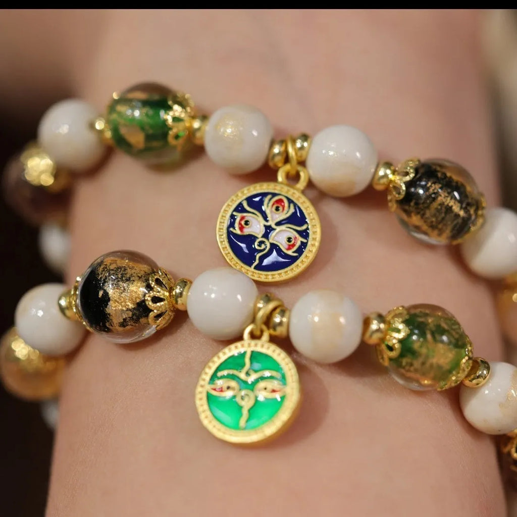 Handmade glass glaze bracelet with Five Gods of Wealth design on 10mm geometric beads.