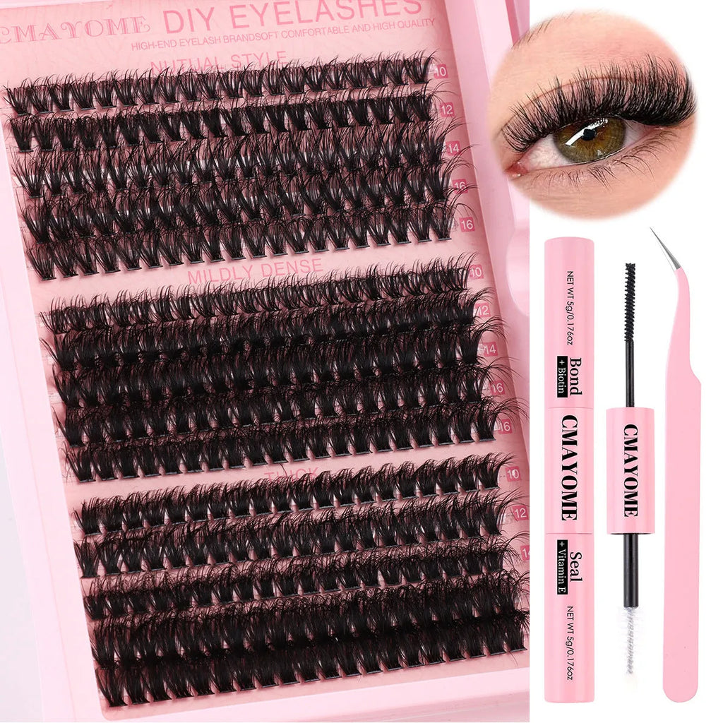 DIY false eyelashes extension kit showing cluster lashes and precision application tweezers