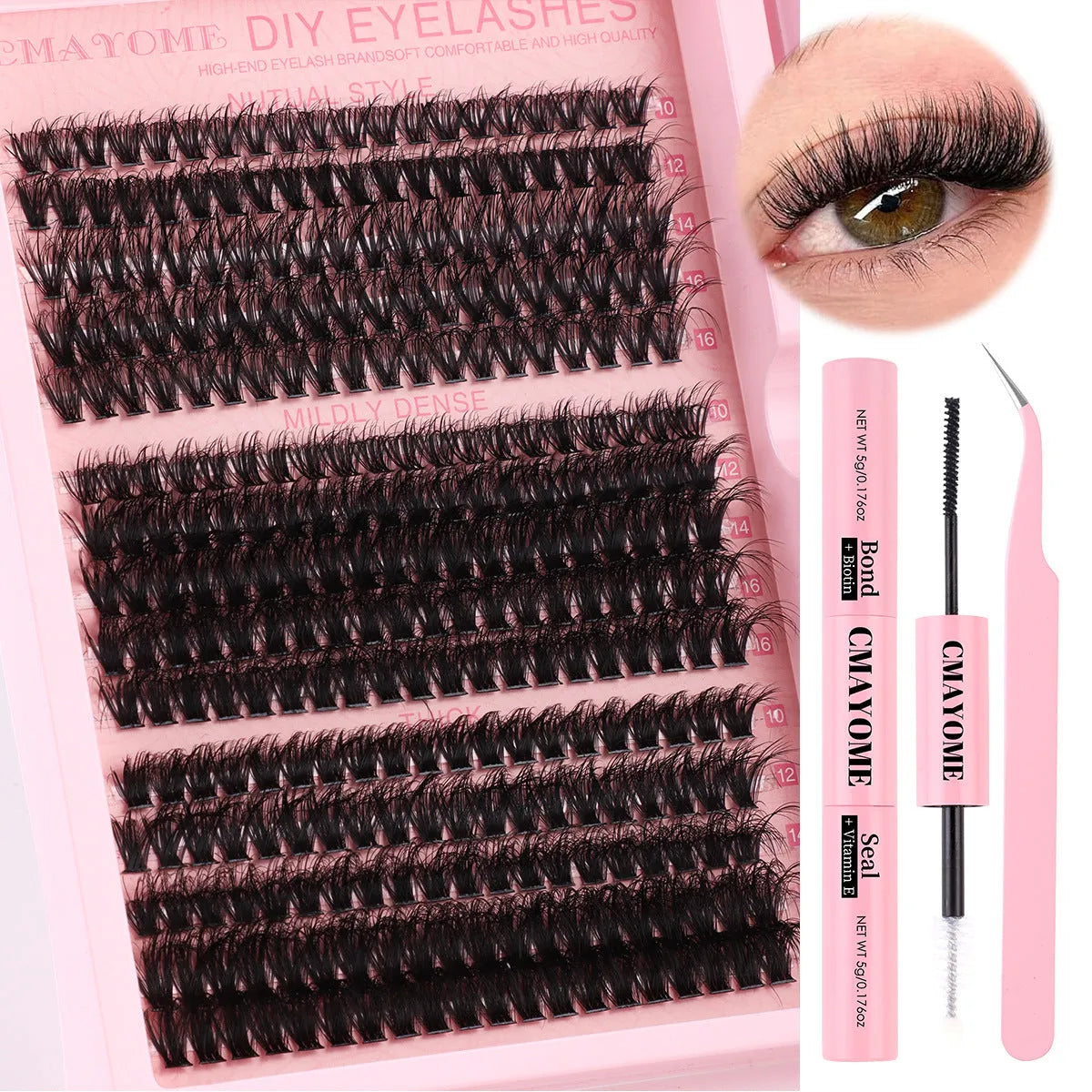 DIY false eyelashes extension kit showing cluster lashes and precision application tweezers
