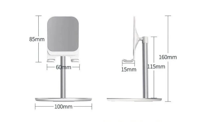Aluminium alloy and plastic foldable stand holding a tablet on a desk