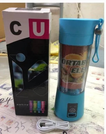 Portable pink USB electric fruit juicer with stainless steel blade and carrying rope