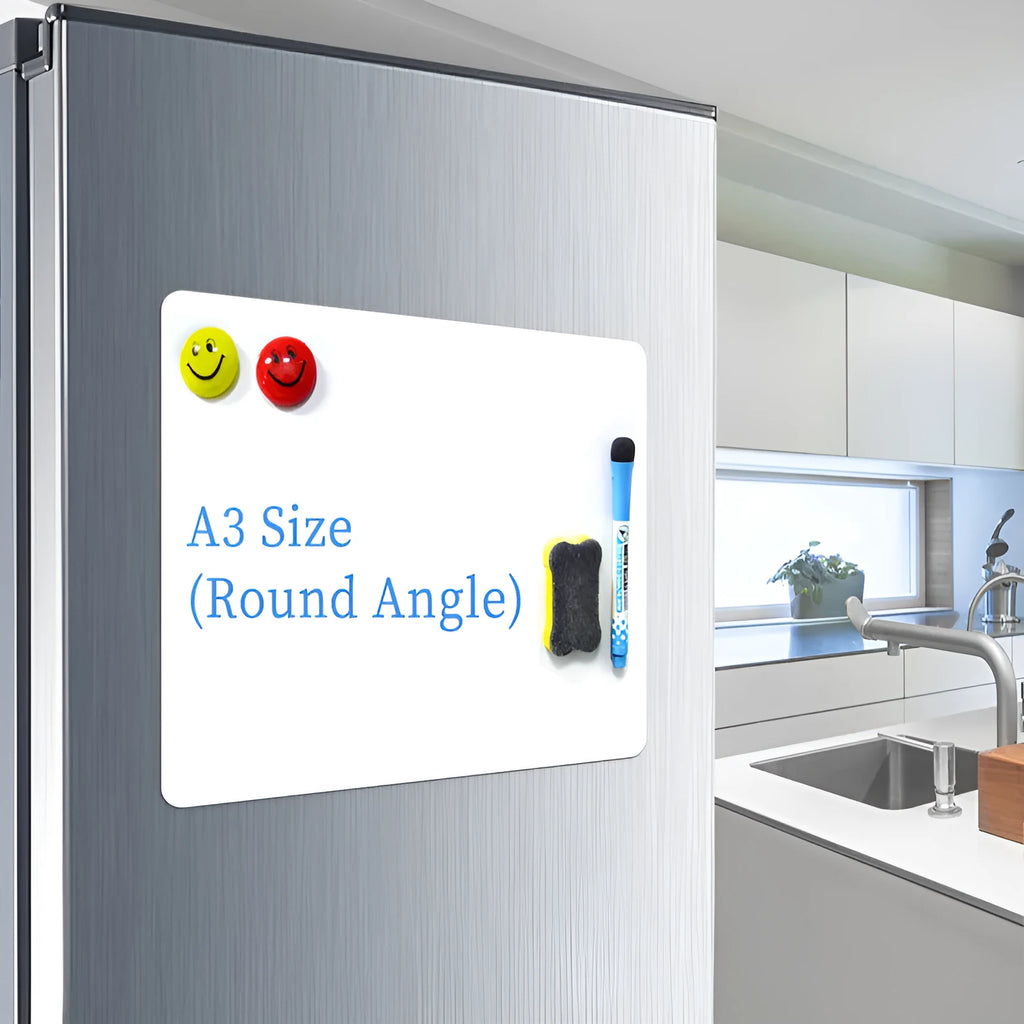 A3 flexible magnetic whiteboard with rounded corners on a refrigerator door