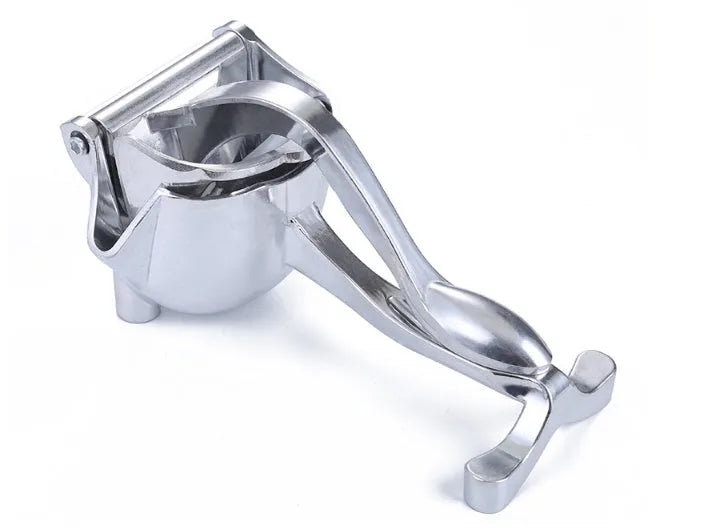 Silver heavy duty aluminium lemon squeezer with large bowl and steel lever on a kitchen counter.