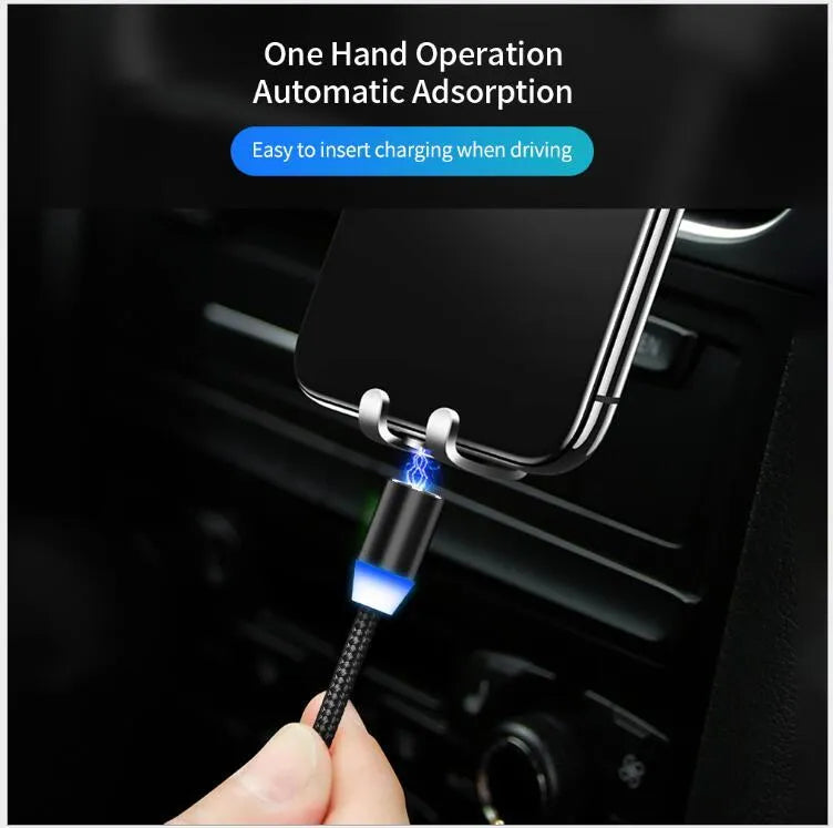 YBD black braided magnetic charging cable with LED light and aluminium shell for iPhone and Android.