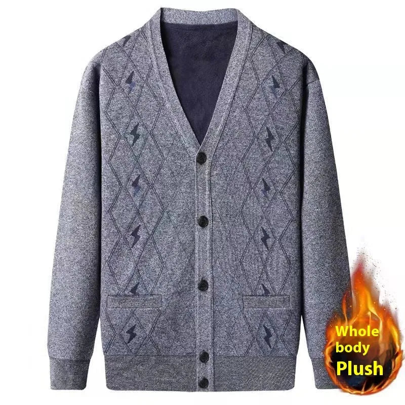 Dark grey men's batwing sleeve cardigan sweater with velvet lining, shown on a hanger.