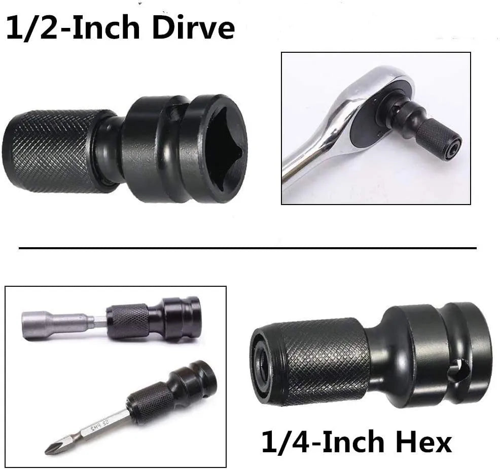 No. 45 steel telescopic bit holder with hexagonal handle for converting 1/2-inch to 1/4-inch drive sizes.