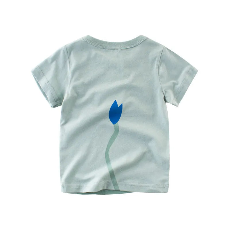 Children's cotton T-shirt with animal print, showing size options from 90cm to 140cm clothing length.