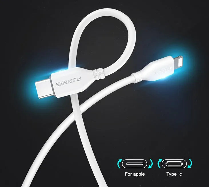 White nylon braided USB-C to Lightning charging cable for iPhone and iPad.