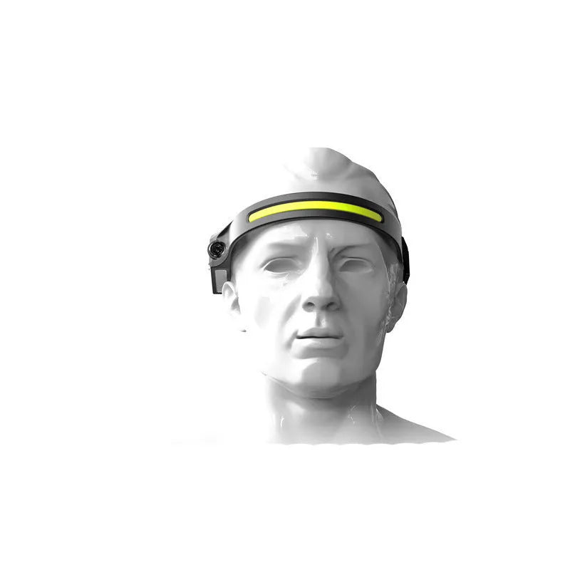Black silicone USB rechargeable headlamp with side wave sensor and dual LED lights for wide and long-distance illumination.
