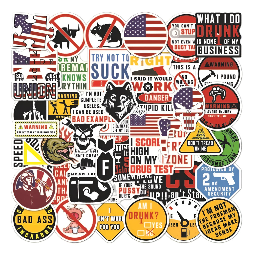 Waterproof warning slogan stickers for motorcycle helmets and skateboards, 50 pack