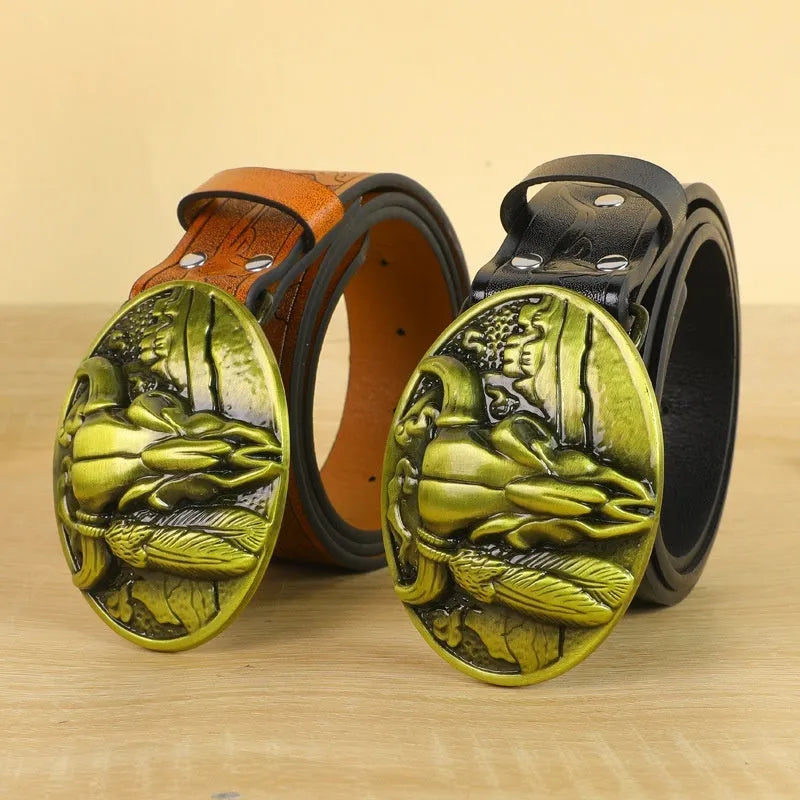 Men's brown imitation leather belt with decorative alloy cow head buckle and pin buckle fastening