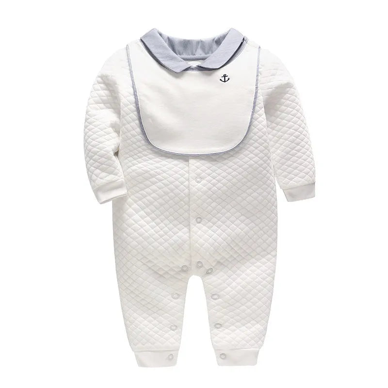White long-sleeved cotton baby boy gentleman romper suit for spring and autumn wear
