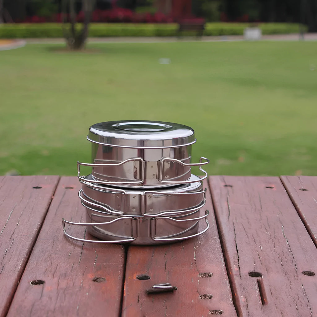 Silver stainless steel camping cookware set with 4 round pots for 2-3 person outdoor cooking