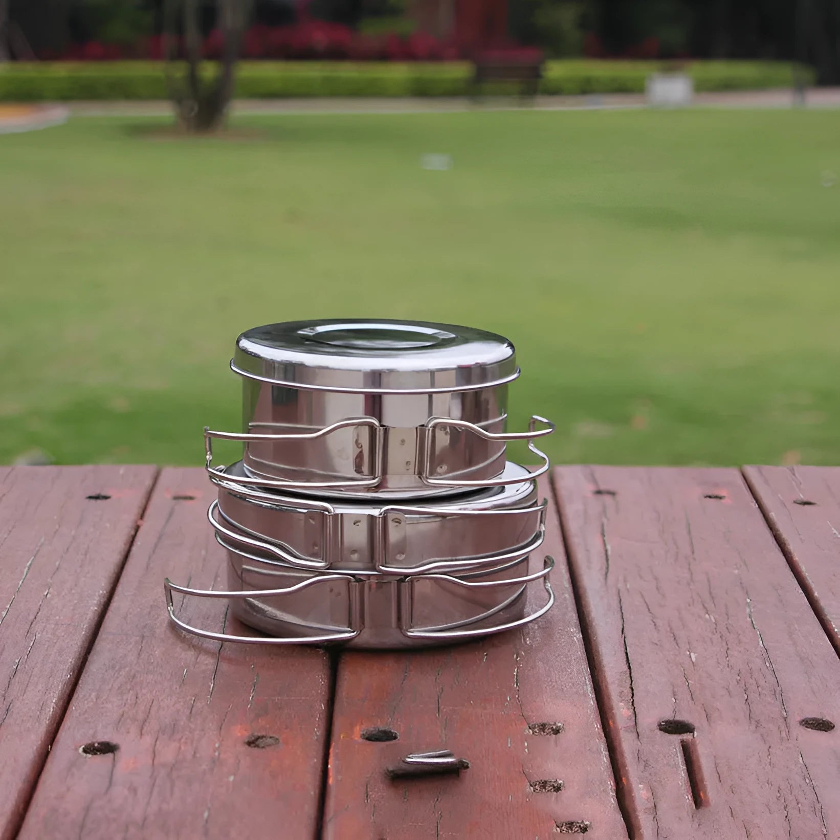 Silver stainless steel camping cookware set with 4 round pots for 2-3 person outdoor cooking