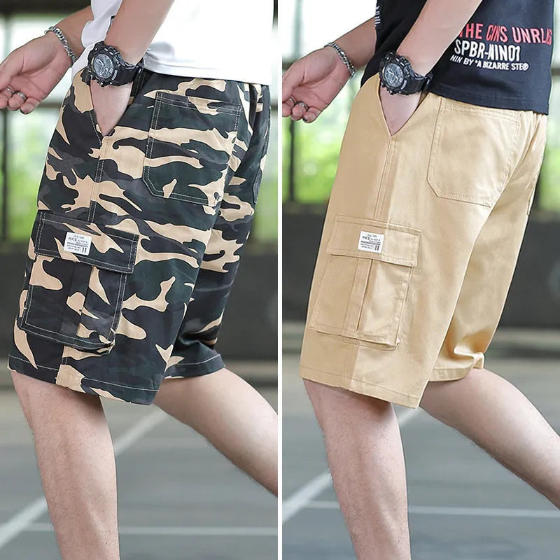 Men's loose Korean-style trousers in black, khaki, army green, and camouflage colours.