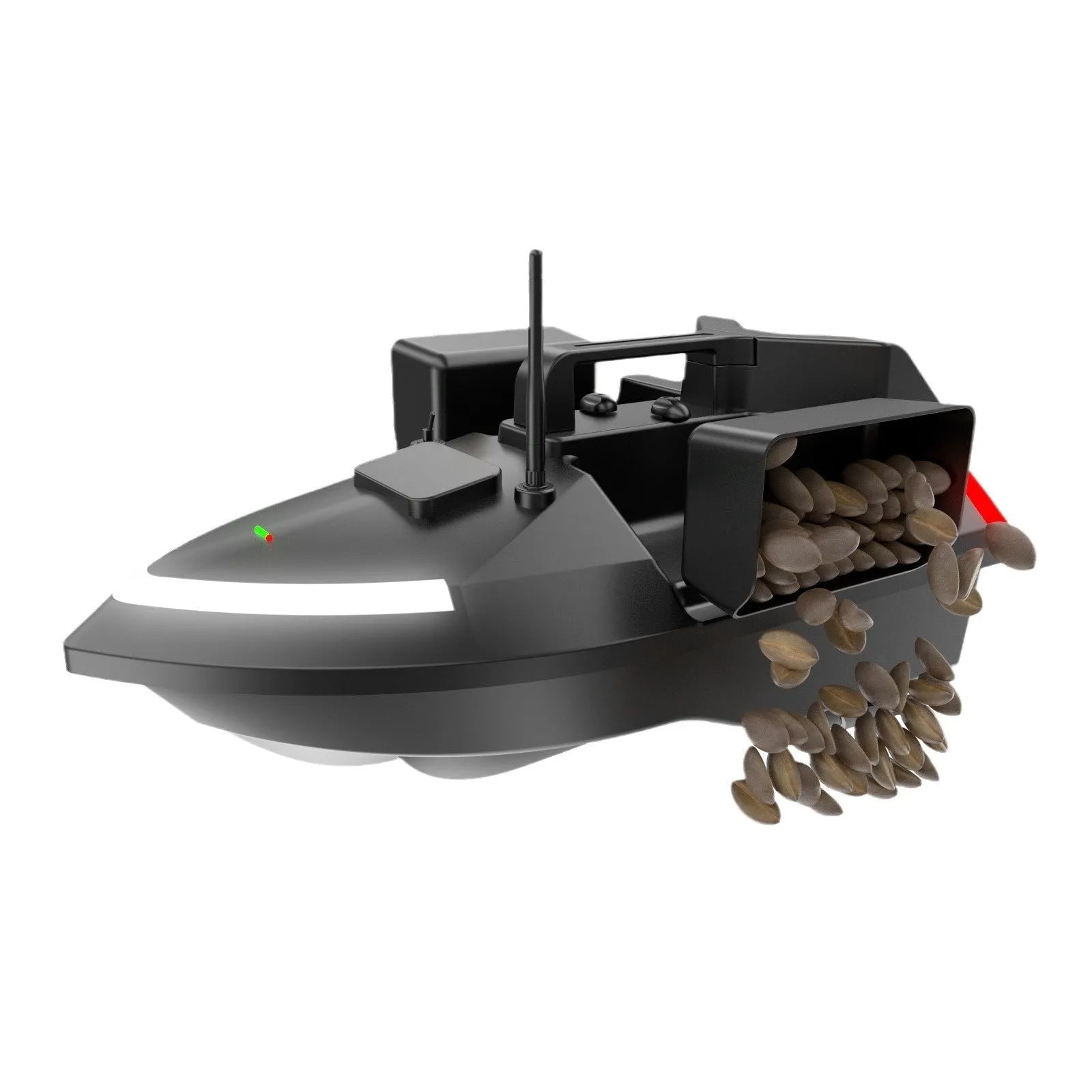 V020 black remote control fishing boat with GPS antenna on a calm lake.