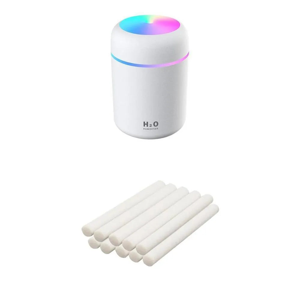 USB desk surface atomiser humidifier with LED lights in pink, white, and navy blue colour options
