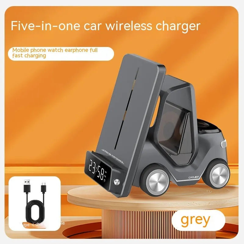 Grey 15W three-in-one wireless fast charging stand for phones on a desk