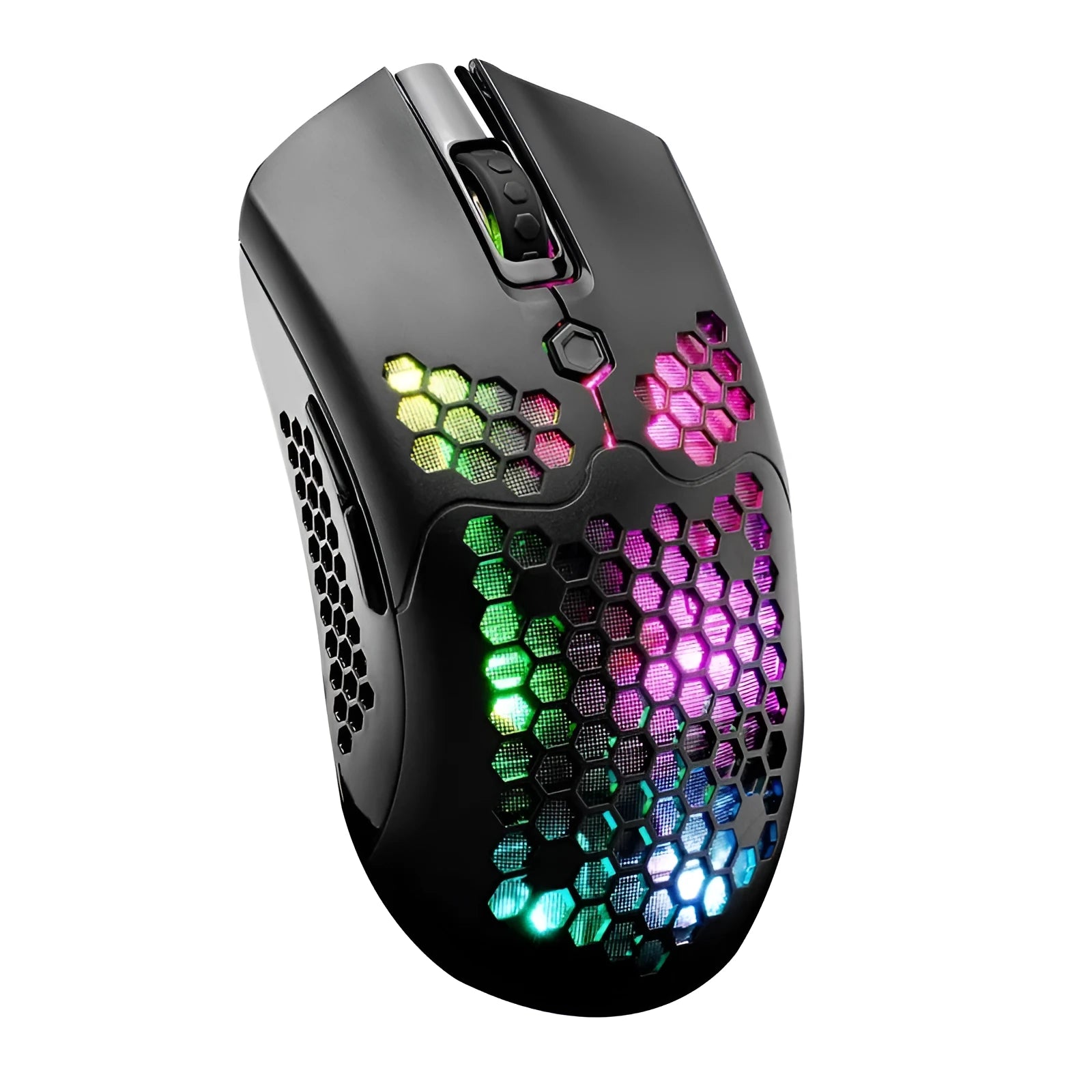 Free Wolf X2 wireless gaming mouse with honeycomb shell and RGB lighting in multiple colour options on a desk.
