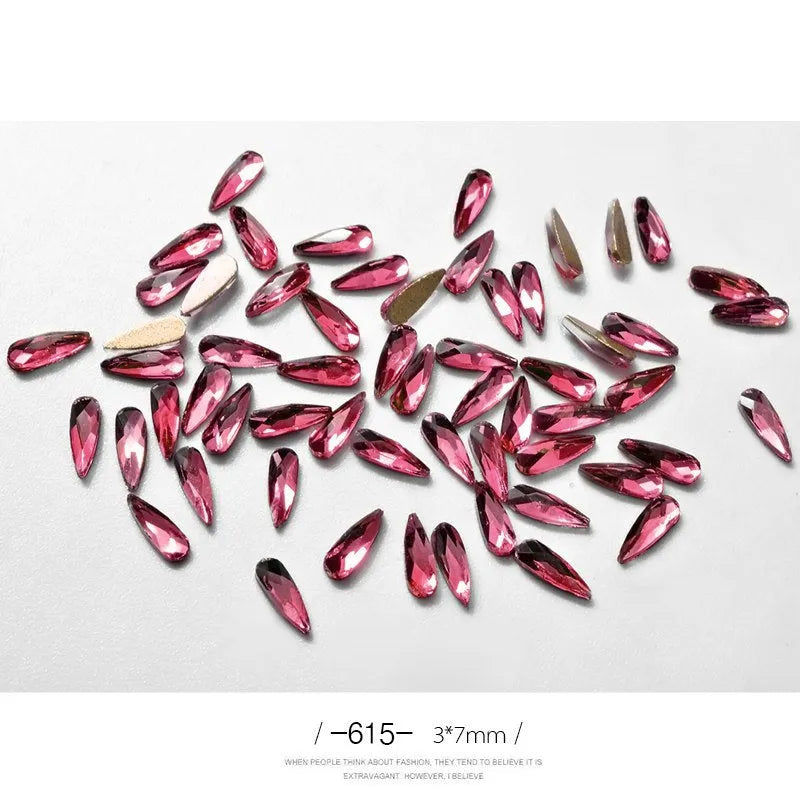 10 acrylic 3D nail art rhinestones in long water drop shape, 7x3mm, glitter finish, eleven colour options