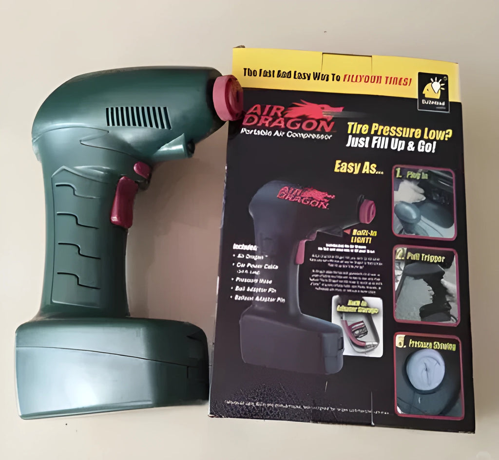 Compact portable car tyre inflator with digital pressure gauge showing 12V DC connection