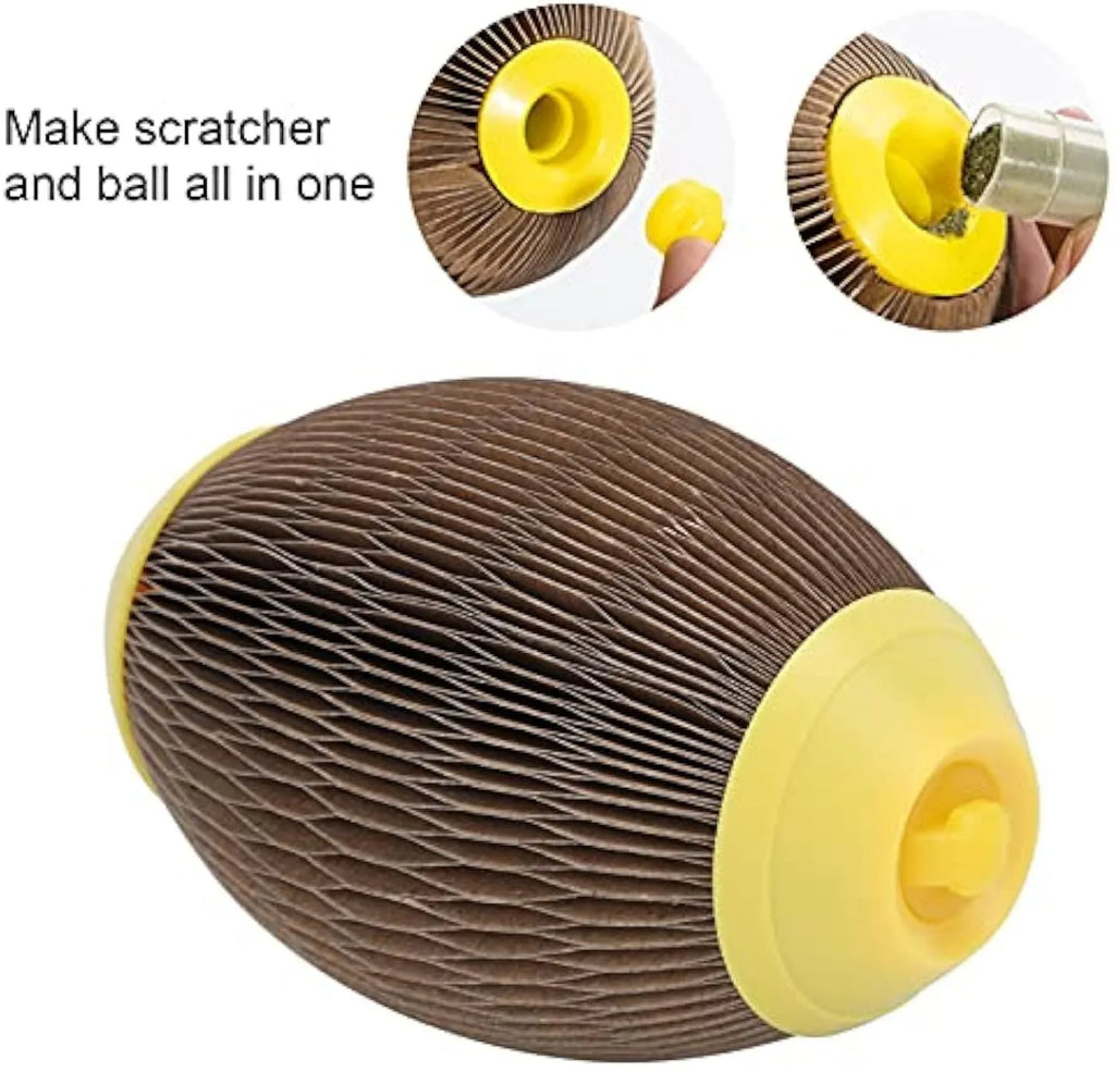 Elliptical corrugated paper catnip ball toy with scratching surface for feline play