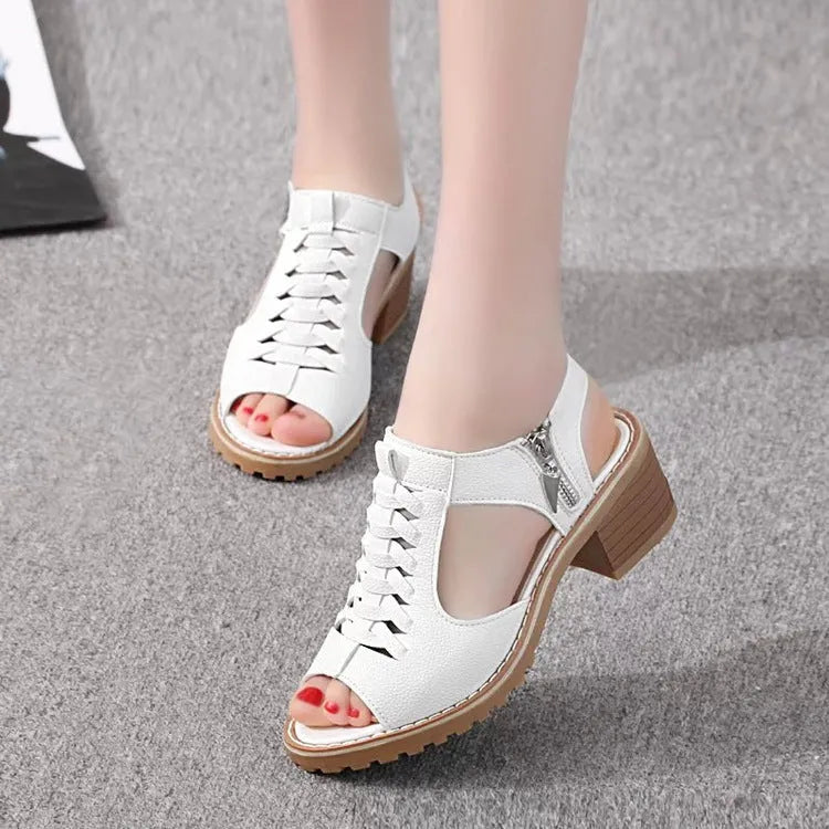 Women's retro sandals with a side zipper in black, creamy white, or white, showing a mid-heel and rounded toe.