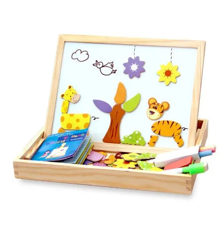 Wooden magnetic puzzle board with animal and vehicle pieces on drawing surface