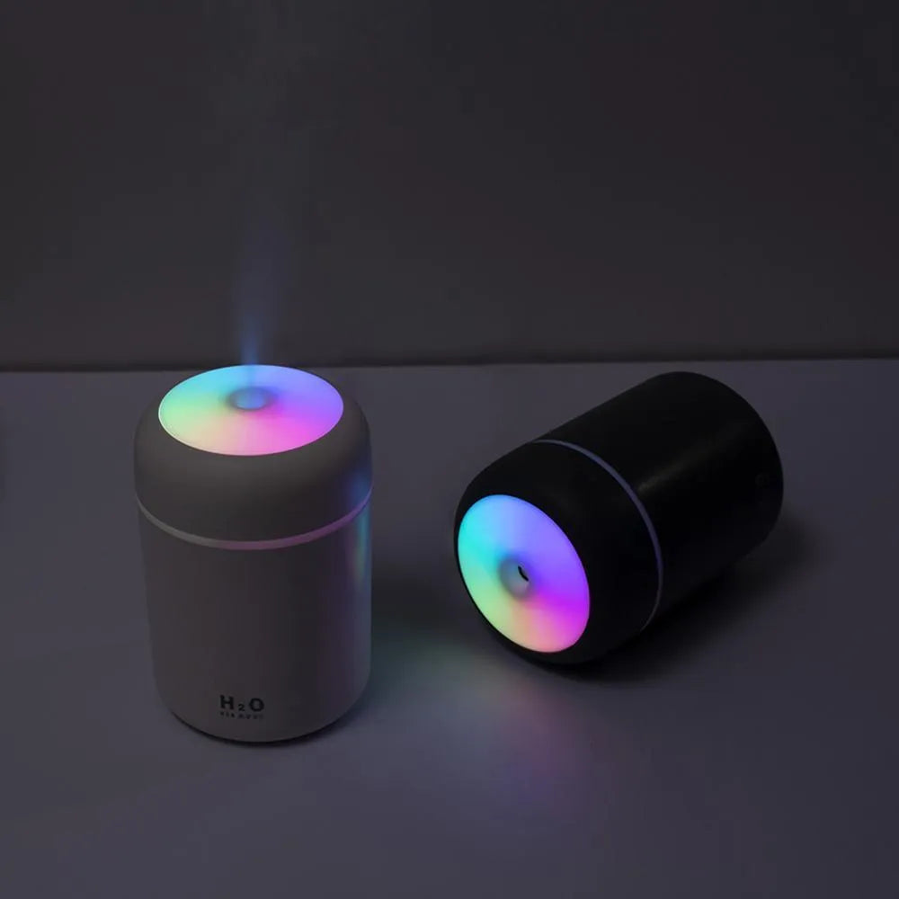 Pink, white or navy blue USB mini humidifier with 300ml tank and colourful lights on desk