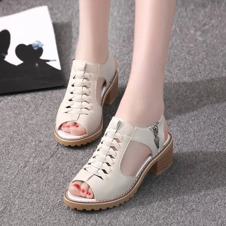 Women's retro sandals with a side zipper in black, creamy white, or white, showing a mid-heel and rounded toe.
