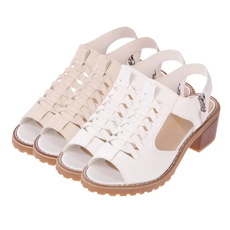 Women's retro sandals with a side zipper in black, creamy white, or white, showing a mid-heel and rounded toe.