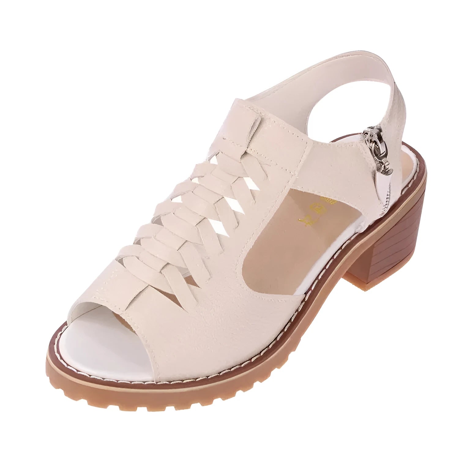 Women's retro sandals with a side zipper in black, creamy white, or white, showing a mid-heel and rounded toe.