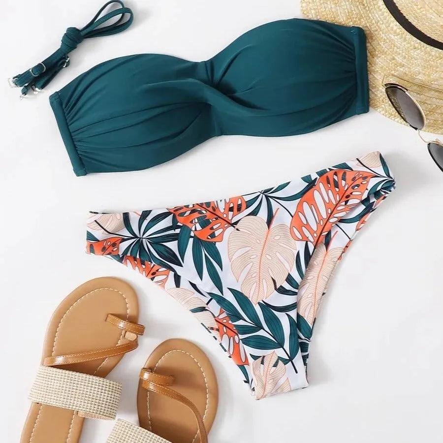 Women's fluorescent green push up bikini set with hard cup top and matching split brief bottoms