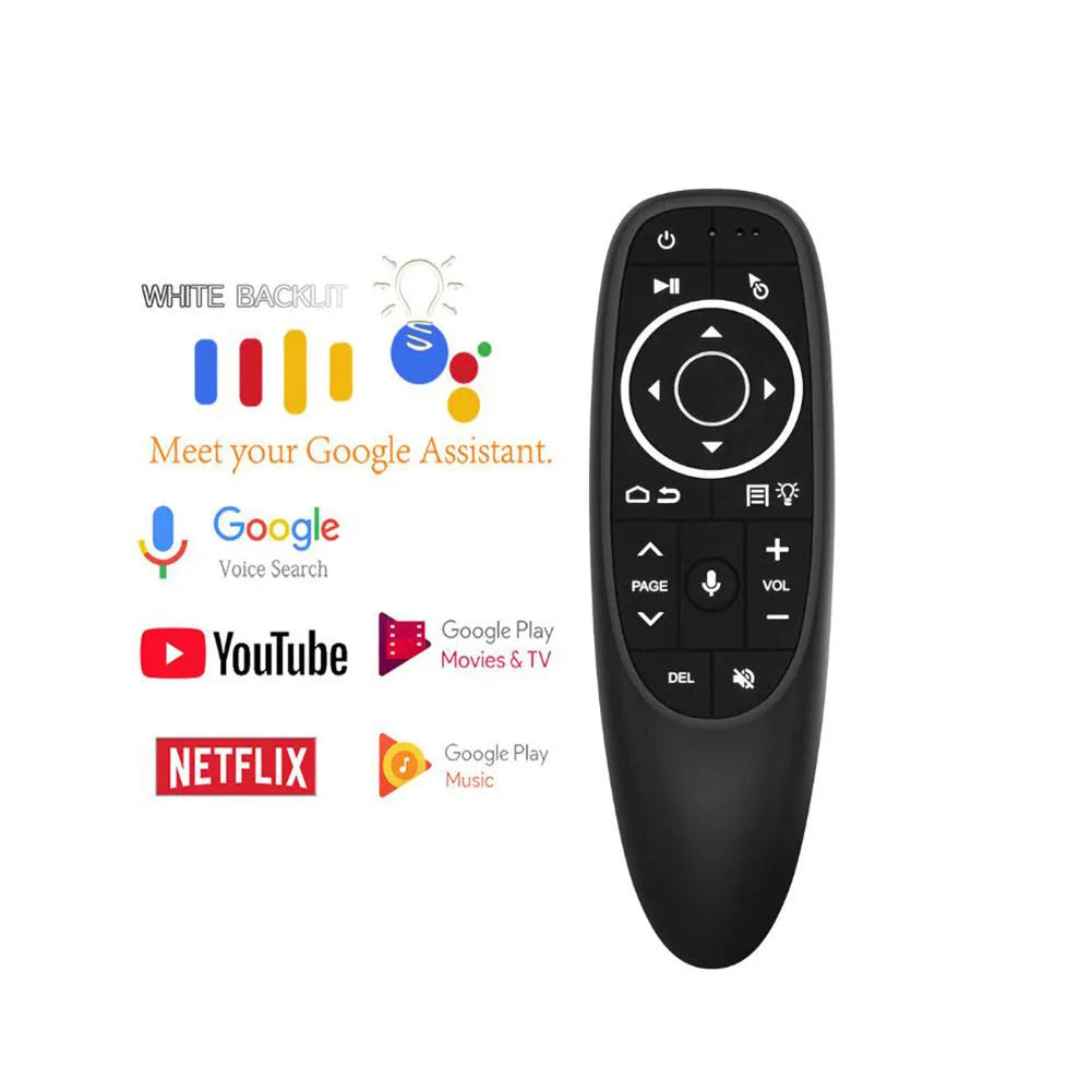 G10 G10S Pro intelligent voice remote control with plastic shell and silicone buttons on a dark surface.