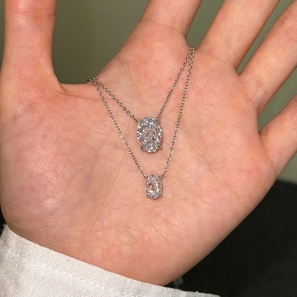 S925 sterling silver oval ice flower geometric pendant necklace in gold or platinum finish.