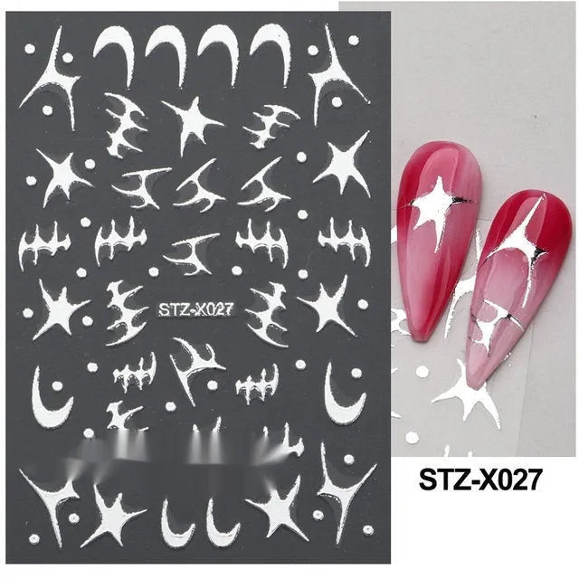 Cartoon nail art stickers sheet with black and silver love heart designs