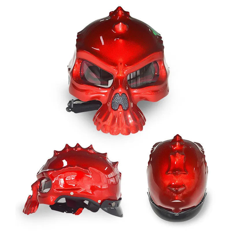 Motorcycle helmet with removable double-sided skull artwork panels in various colour options