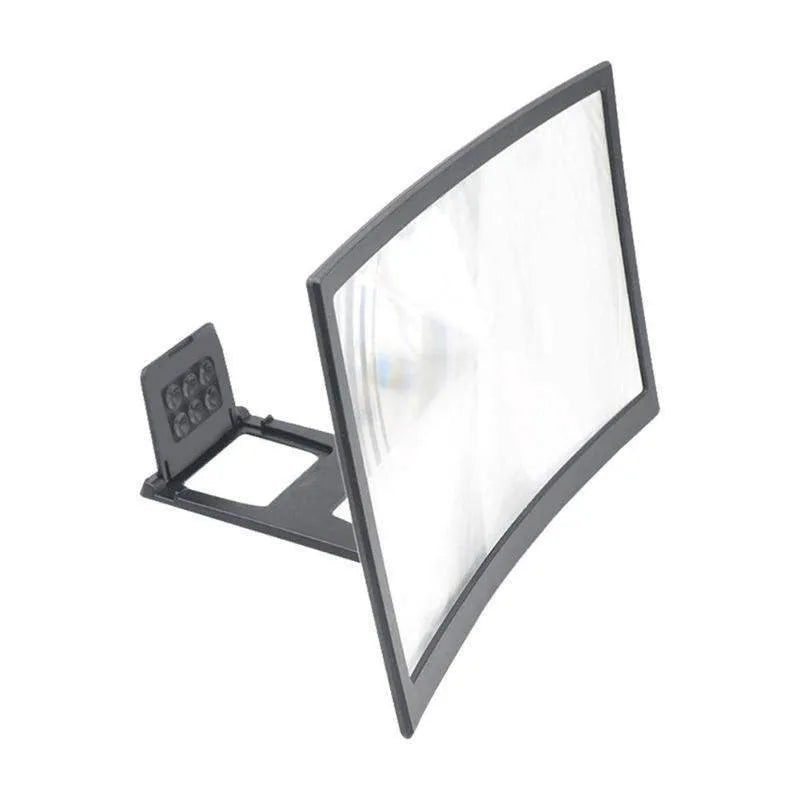 12 inch black mobile screen magnifier with curved arc frame and HD acrylic lens on a desktop