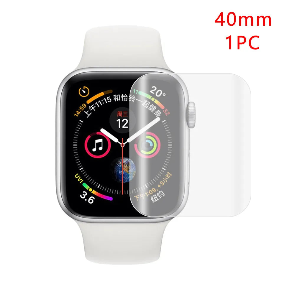 Full coverage hydrogel screen protector for Apple Watch Series 4, 3 and 1 on a watch.