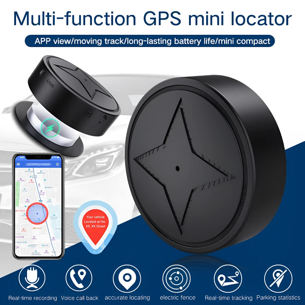 Mini GPS tracker with strong magnetic mount, 40mm diameter, for car and motorcycle real-time tracking