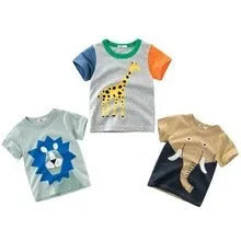Children's cotton T-shirt with animal print, showing size options from 90cm to 140cm clothing length.